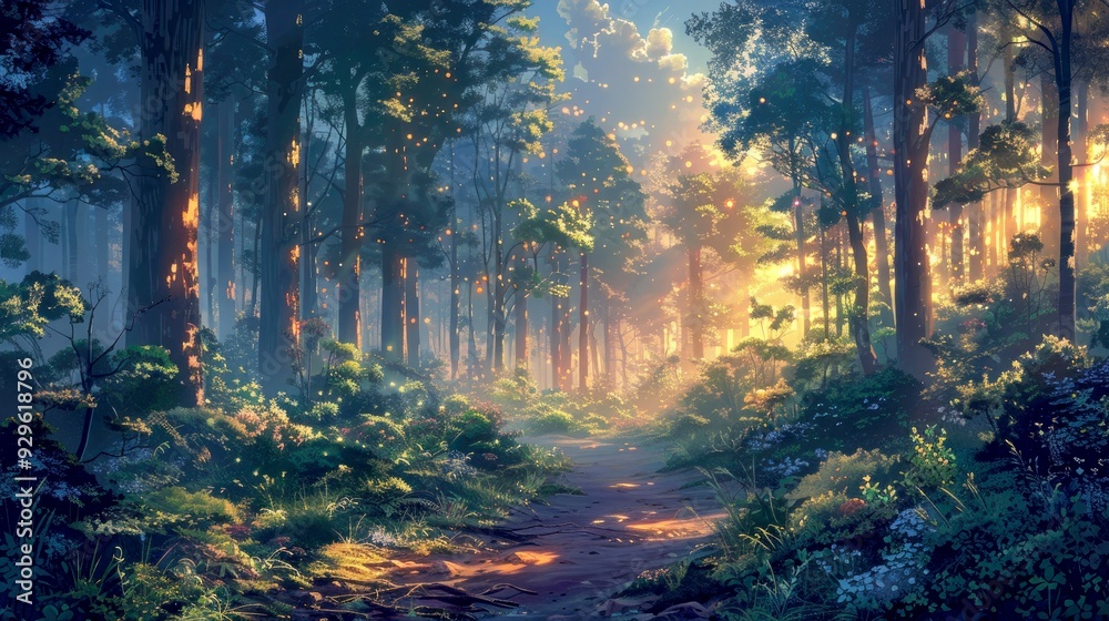 Obraz premium Sunlit Forest Path With Glowing Lights