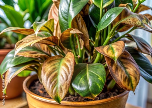 Close-up of indoor houseplant leaves afflicted with brown disease, once-green foliage now discolored and wilted, with crispy edges and brown tips, signaling neglect or overwatering. photo