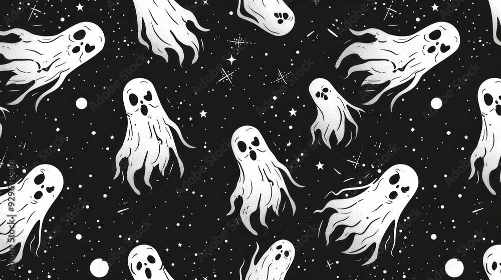 A repetitive seamless pattern with black background and white ghostmane cartoons A repetitive seamless pattern with black background and white ghostmane cartoons