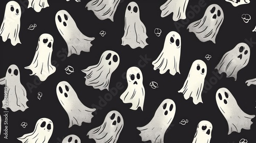 A repetitive seamless pattern with black background and white ghostmane cartoons. Cute seamless pattern of white ghostmane cartoons  photo