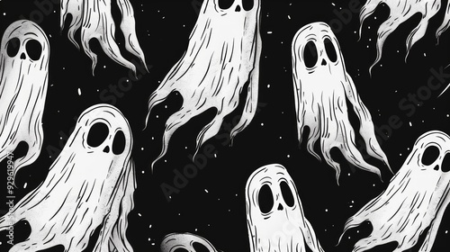 A repetitive seamless pattern with black background and white ghostmane cartoons  photo