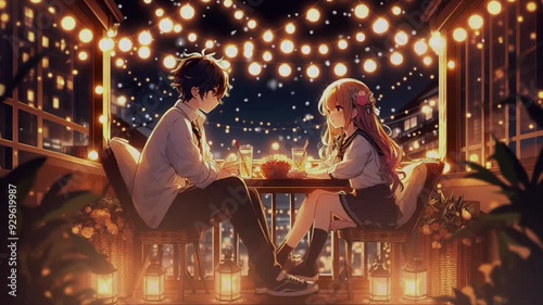 romantic anime couple sitting together on a cozy balcony at night, surrounded by warm glowing fairy lights. Generative AI