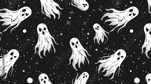 A repetitive seamless pattern with black background and white ghostmane cartoons  photo