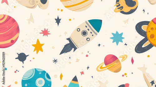 A seamless pattern of colorful cartoon space elements like planets, stars and rockets on a cream background. Cute seamless pattern of colorful cartoon space elements