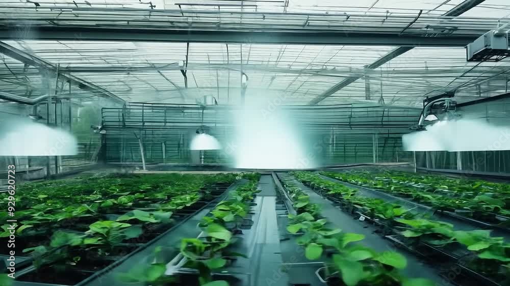 Efficient automated sprinklers watering crops in modern greenhouse Efficient automated sprinklers watering crops in modern greenhouse