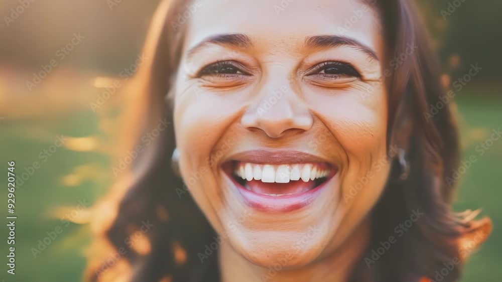 Woman smiling happily in the sun, showing off her white teeth. She radiates joy and natural beauty outdoors Woman smiling happily in the sun, showing off her white teeth. She radiates joy and natural beauty outdoors