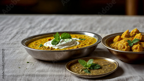 A vibrant Indian meal with creamy lentil curry topped with yogurt and mint, accompanied by golden-brown fried snacks, set on a rustic wooden table, evoking a warm, homely atmosphere.