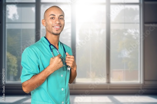 Portrait of confident doctor at work in hospital photo