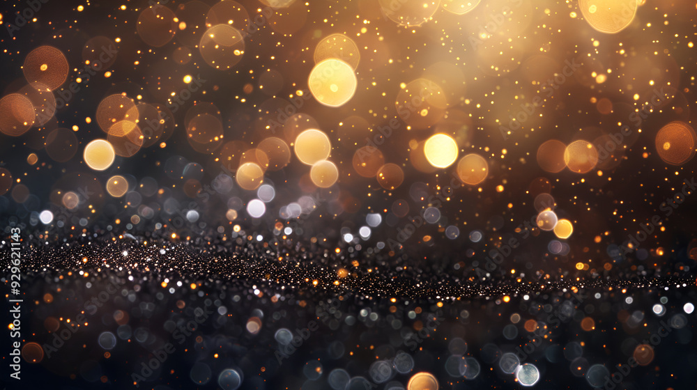 Blurry gold and blue lights create a mesmerizing effect in this dynamic composition ,falling gold dust elements,glitter vintage lights background, gold and black.,de-focused