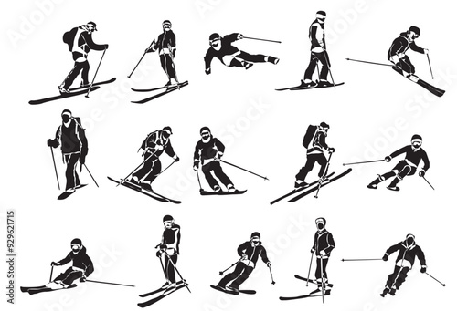 snow ski set silhouette collection isolated on white background