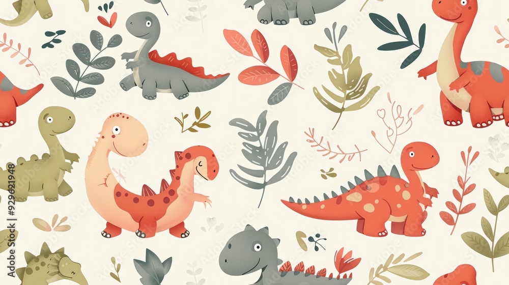 Baby dinosaur pattern, featuring adorable, animated baby dinosaurs in playful poses, taking children back in time in a fun and friendly manner. Cute seamless pattern of Baby dinosaur Baby dinosaur pattern, featuring adorable, animated baby dinosaurs in playful poses, taking children back in time in a fun and friendly manner. Cute seamless pattern of Baby dinosaur