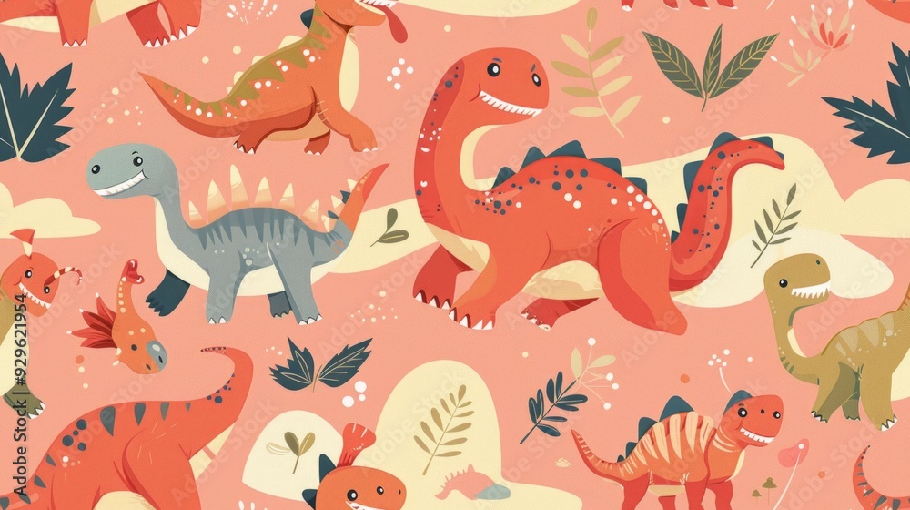 Baby dinosaur pattern, featuring adorable, animated baby dinosaurs in playful poses, taking children back in time in a fun and friendly manner. Cute seamless pattern of Baby dinosaur Baby dinosaur pattern, featuring adorable, animated baby dinosaurs in playful poses, taking children back in time in a fun and friendly manner. Cute seamless pattern of Baby dinosaur