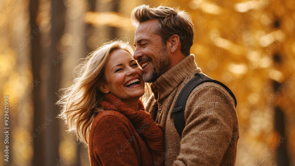 a married couple enjoying the natural scenery in autumn in the forest. with a happy face