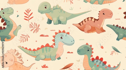 Baby dinosaur pattern, featuring adorable, animated baby dinosaurs in playful poses, taking children back in time in a fun and friendly manner. Cute seamless pattern of Baby dinosaur