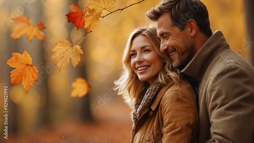 a married couple enjoying the natural scenery in autumn in the forest