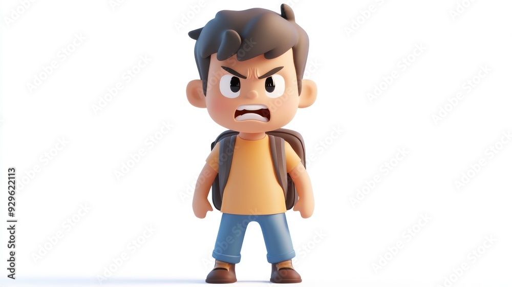 3D Cartoon Character of Boy with Angry Expression in Casual Outfit and Backpack 3D Cartoon Character of Boy with Angry Expression in Casual Outfit and Backpack