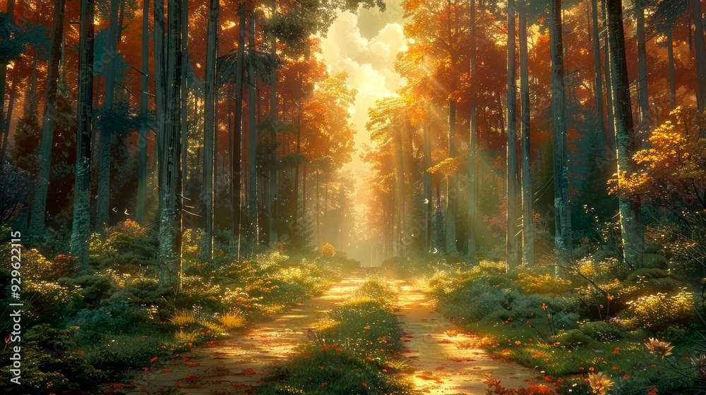 Fototapeta premium Sunlit Path Through a Golden Autumn Forest