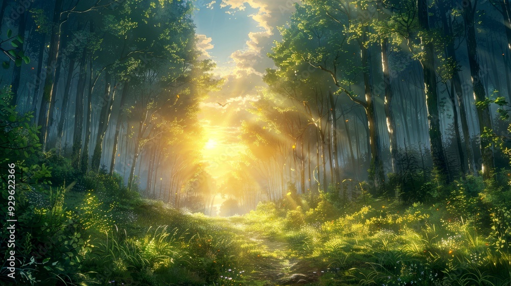 Obraz premium Sunbeams Illuminating a Path Through a Lush Forest