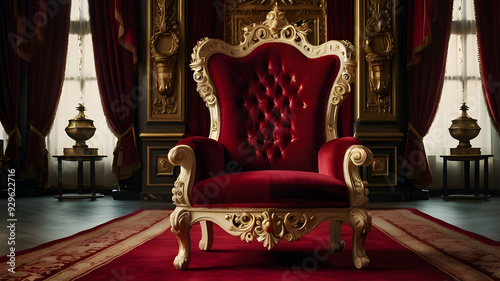 A red chair with a gold frame and red curtains with candles on it.