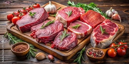 Assorted premium meat cuts, including tenderloins, ribeyes, and sirloins, artfully arranged on a rustic wooden tray at a traditional butcher's shop display. photo