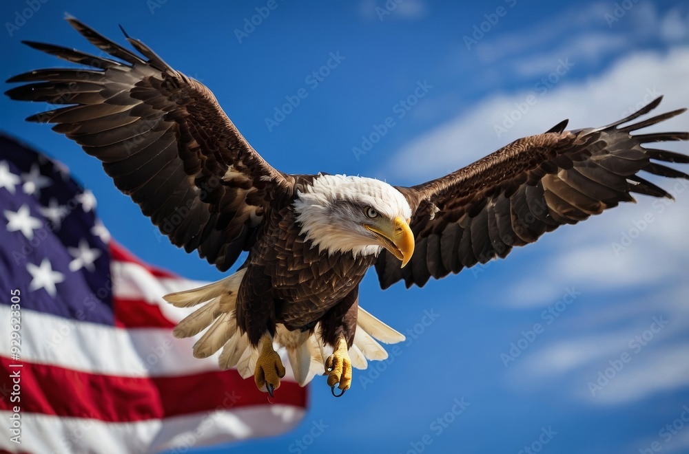 Fototapeta premium Bald eagle with outstretched wings soaring against blue sky with american flag