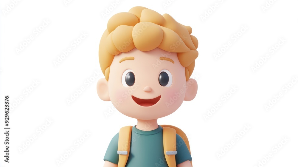 Cheerful Cartoon Boy with Backpack on White Background Smiling Brightly Cheerful Cartoon Boy with Backpack on White Background Smiling Brightly