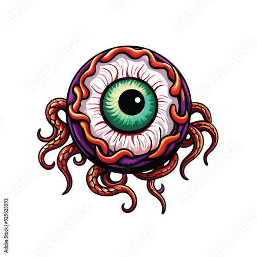 A giant eyeball monster with a colorful iris and red tentacles.