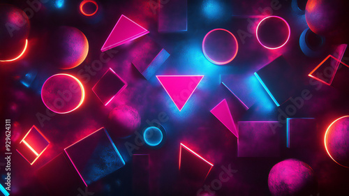 glowing geometrical shapes in colors, neon pink, neon blue, orange, dark background
