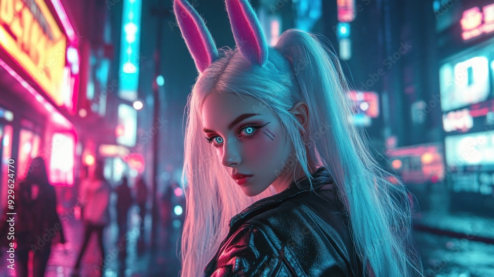 Girl cute anime style white hair wearing a bunny ear headband in a cyberpunk city background wallpaper AI generated image Girl cute anime style white hair wearing a bunny ear headband in a cyberpunk city background wallpaper AI generated image
