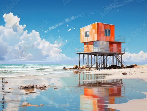 Awesome Red lifeguard post on copacabana beach with the sea and the blue sky in rio de janeiro. photo