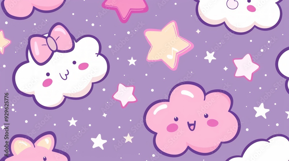 create a pretty pink and purple pastel kawaii whimsical seamless pattern using stars and clouds and use pink outlines for cartoon images. create a pretty pink and purple pastel kawaii whimsical seamless pattern using stars and clouds and use pink outlines for cartoon images.