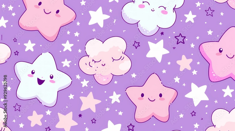 create a pretty pink and purple pastel kawaii whimsical seamless pattern using stars and clouds and use pink outlines for cartoon images. create a pretty pink and purple pastel kawaii whimsical seamless pattern using stars and clouds and use pink outlines for cartoon images.