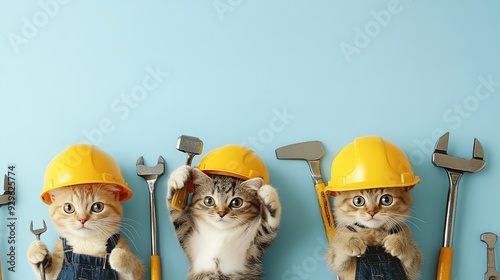 Full-length cats equipped with helmets and tools, each displaying a unique and playful design. The image features the cats in various poses, ready for action with their tools