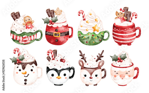 Watercolor Illustration Set of Christmas Drinks