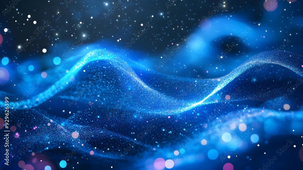 Fototapeta premium Blue wave particle technology background with curve