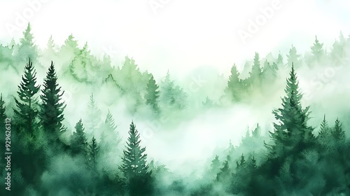 Watercolor green landscape of forest hill
