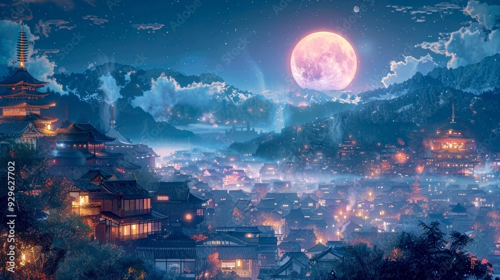 A Nighttime View of a Japanese Village with a Full Moon and Stars A Nighttime View of a Japanese Village with a Full Moon and Stars