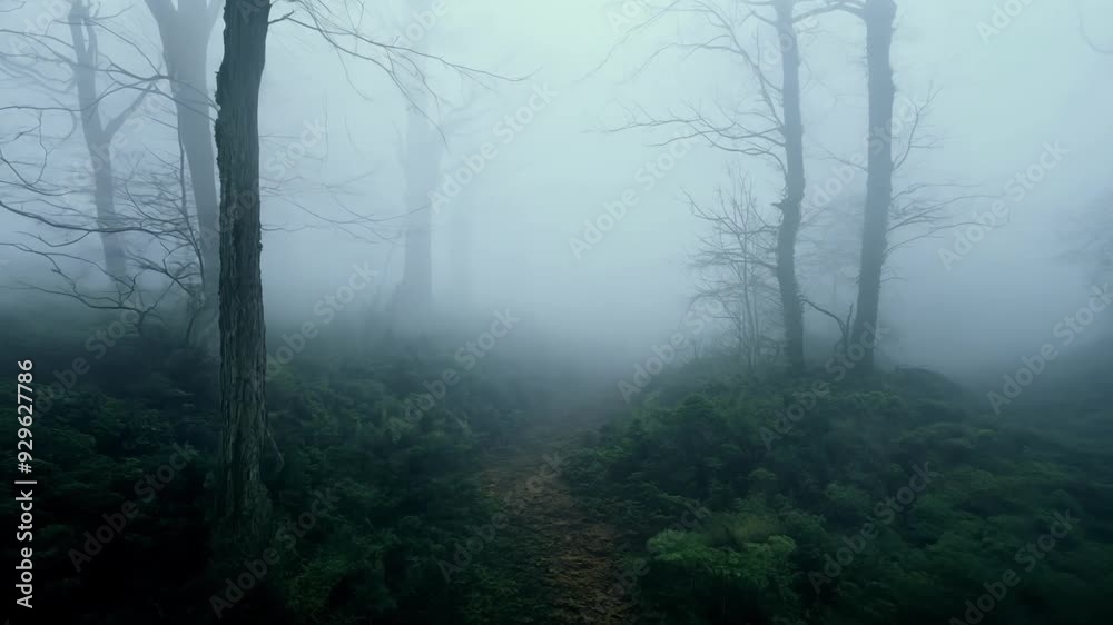 Spooky forest path covered in fog, ferns, and shadows captures the eerie essence of autumn, perfect for halloween Spooky forest path covered in fog, ferns, and shadows captures the eerie essence of autumn, perfect for halloween