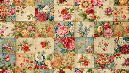 Vintage floral patchwork quilt with a rustic feel, featuring an array of colorful floral patterns seamlessly stitched together