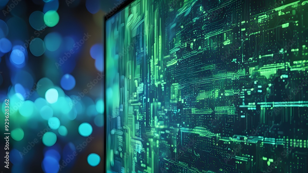 A computer monitor displays a green screen with a lot of lines and dots A computer monitor displays a green screen with a lot of lines and dots
