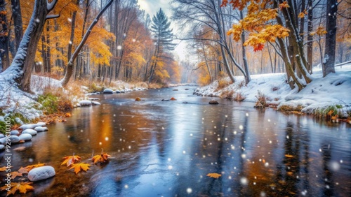 Tranquil river stream with snow falling and autumn leaves scattered in a winter landscape