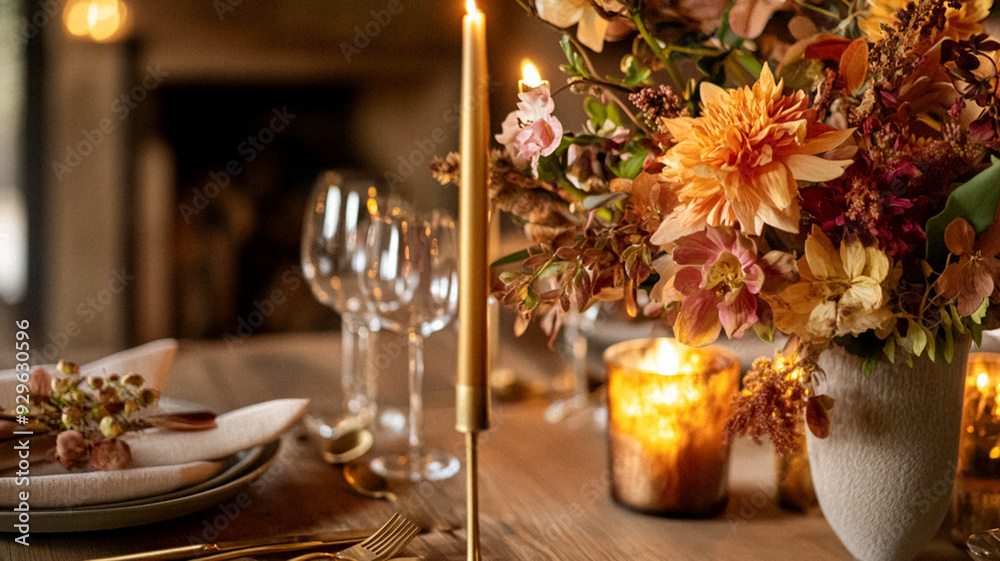 Dining room decor, interior design and autumn holiday celebration, elegant autumnal table decoration with candles and flowers, home decor, wedding and country cottage style idea Dining room decor, interior design and autumn holiday celebration, elegant autumnal table decoration with candles and flowers, home decor, wedding and country cottage style idea