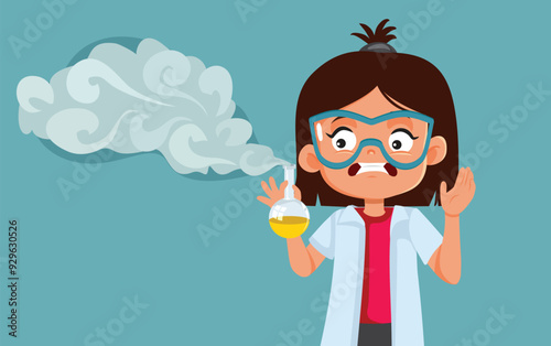 Student Girl in Failed Chemistry Experiment Vector Cartoon. Failing student being overwhelmed making mistakes in the laboratory 
