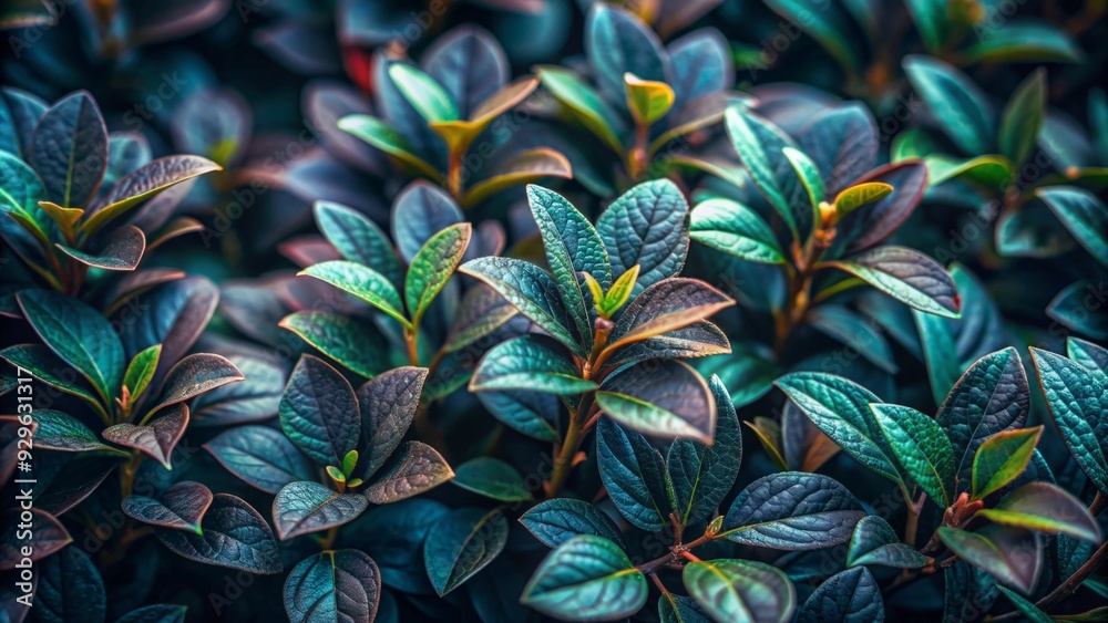 Close up of dark green and black leaves on a bush with shallow focus, highlighting the beauty of nature's greenery Close up of dark green and black leaves on a bush with shallow focus, highlighting the beauty of nature's greenery