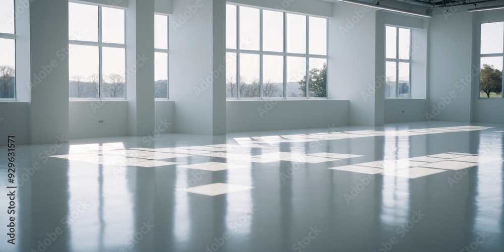 Fototapeta premium Serene Empty Room with Large Window, Grid-like Glass Pattern, an