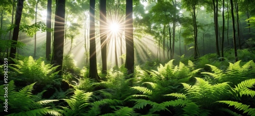 Serene Forest Landscape with Sunlight Streaming Through Canopy C