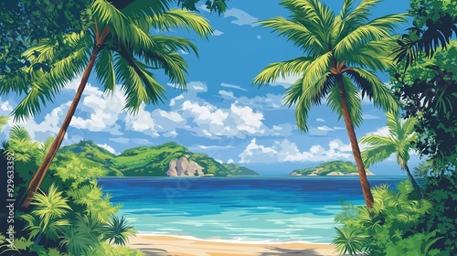 Vibrant anime style illustration of a tropical beach with palm trees framing a turquoise ocean view under a blue sky with clouds.