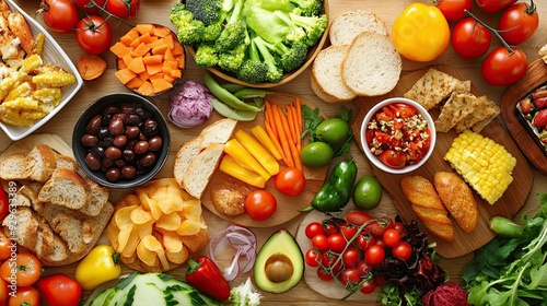 A Tabletop Spread of Fresh Vegetables, Bread, and Snacks