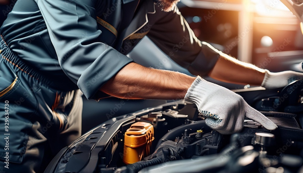 Closeup view of a mechanic working in the engine bay; selective focus on mechanic hands working on the engine; blurred background Closeup view of a mechanic working in the engine bay; selective focus on mechanic hands working on the engine; blurred background