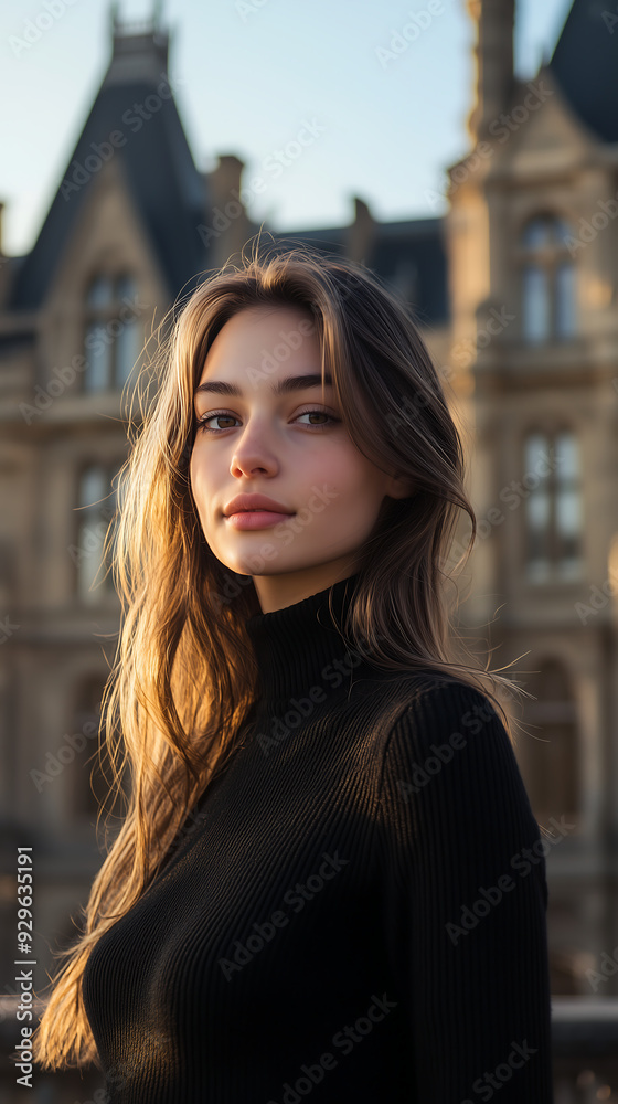 Fashionable outdoor portrait of a young woman bathed in warm sunlight standing confidently with a serene expression against a backdrop of elegant architectural details Fashionable outdoor portrait of a young woman bathed in warm sunlight standing confidently with a serene expression against a backdrop of elegant architectural details